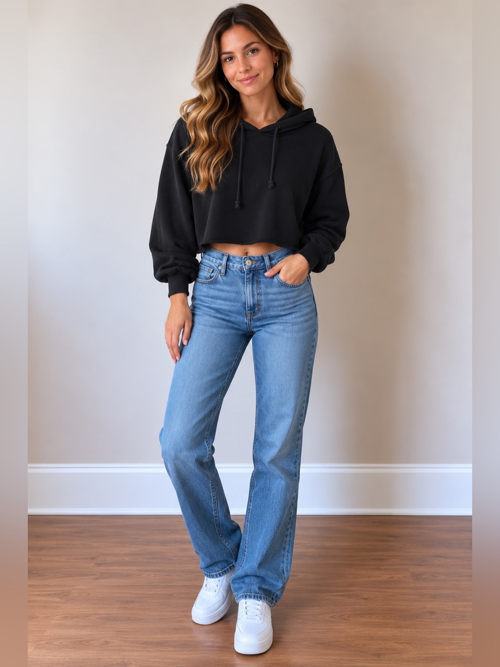 Black Cropped Crewneck Hoodie Sweater for Women